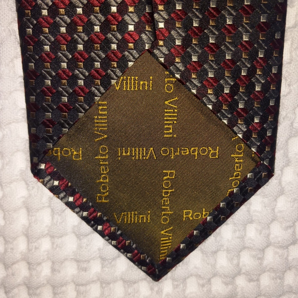 Roberto Villini Couture Men Black Red Silver Diamond Woven Silk Tie Handmade - Picture 5 of 8
